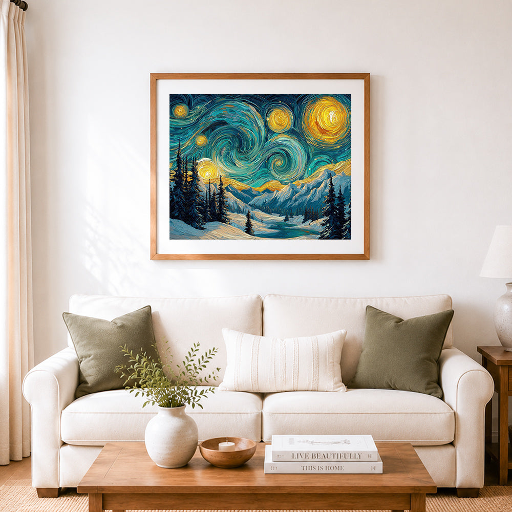 Finished Van Gogh starry night style snowy mountains cross stitch artwork displayed as home decor