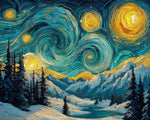 Van Gogh starry night style snowy mountains cross stitch kit for beginners