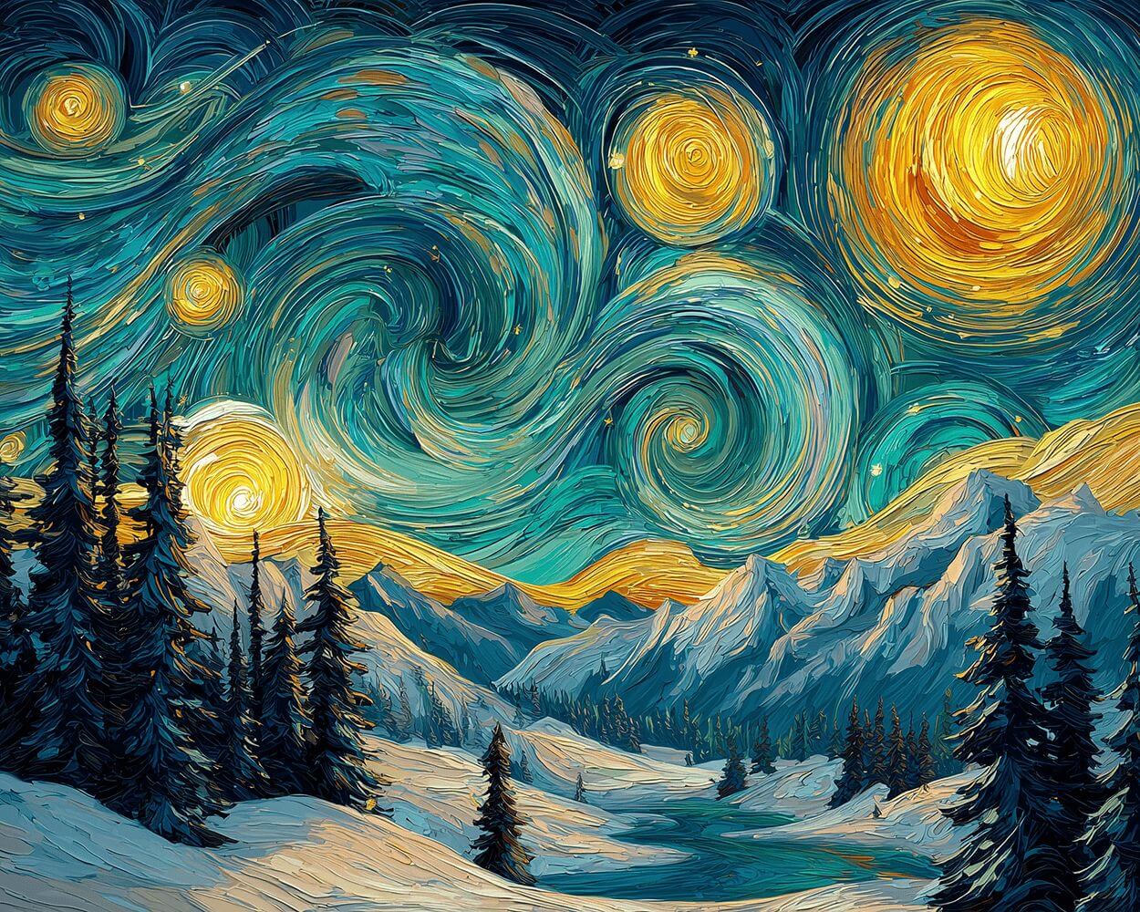 Van Gogh starry night style snowy mountains cross stitch kit for beginners