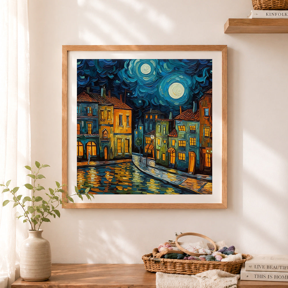 Finished van gogh style night town canal cross stitch artwork displayed as home decor