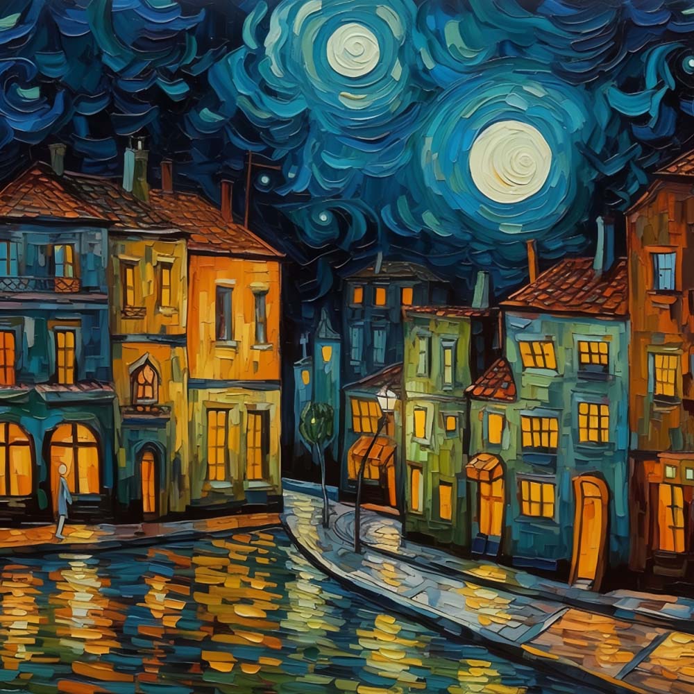 Van gogh style night town canal cross stitch kit for beginners