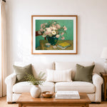 Finished Van Gogh style pink roses in green vase cross stitch artwork displayed as home decor