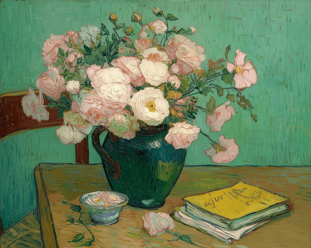 Van Gogh style pink roses in green vase cross stitch kit for beginners