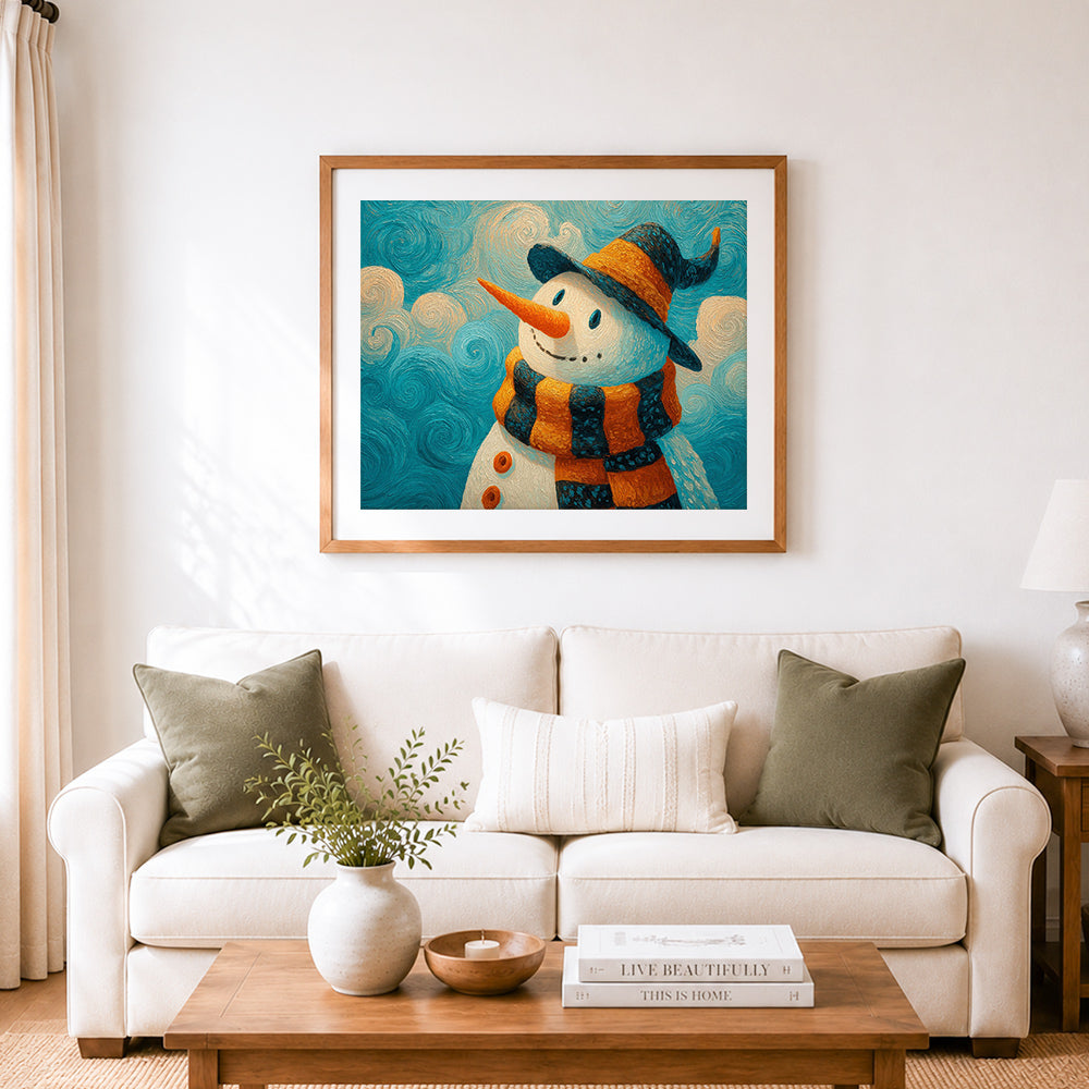 Finished van gogh style snowman cross stitch artwork displayed as home decor