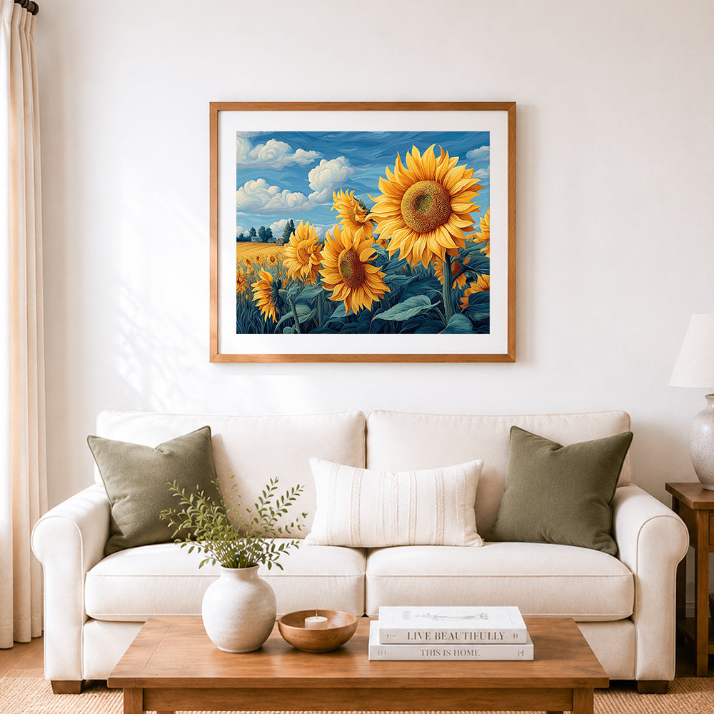 Finished van gogh style sunflowers cross stitch artwork displayed as home decor