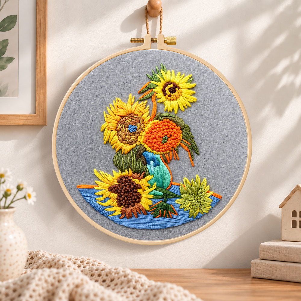Van gogh sunflower art embroidery hoop wall art displayed as warm and cozy handmade home decor
