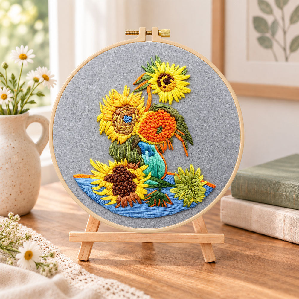 Van gogh sunflower art embroidery kit finished hoop displayed on a wooden stand as cozy tabletop decor