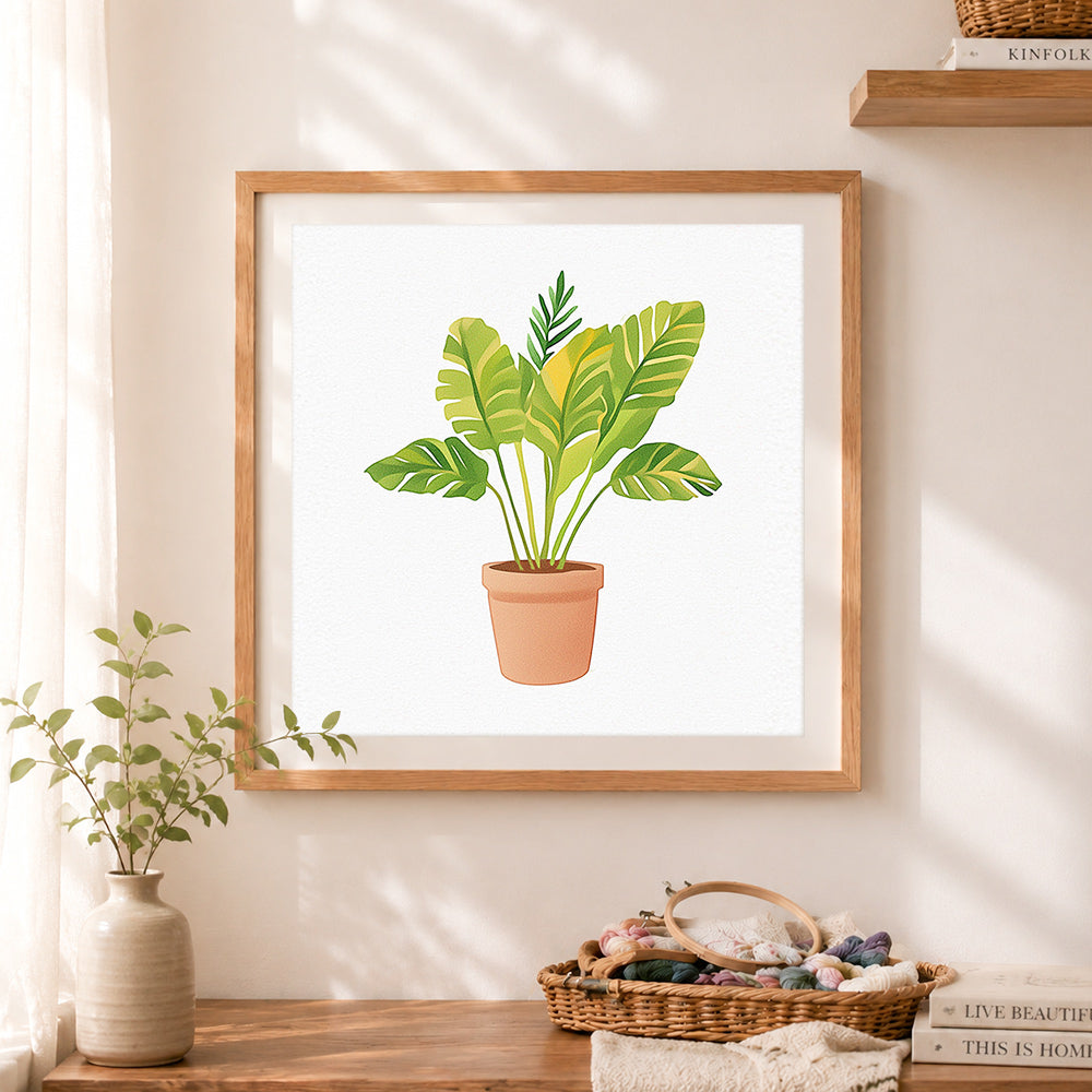 Finished variegated tropical houseplant cross stitch artwork displayed as home decor