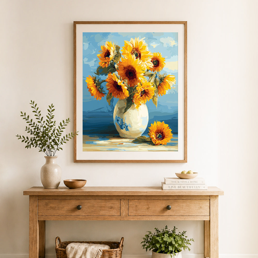 Finished vase sunflower art cross stitch artwork displayed as home decor