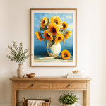 Finished vase sunflower art cross stitch artwork displayed as home decor