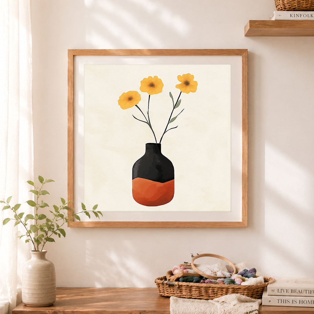 Finished vase with yellow poppies cross stitch artwork displayed as home decor