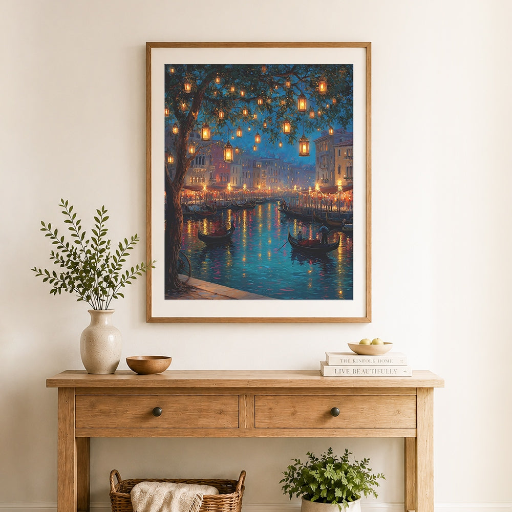 Finished venice canal night with hanging lanterns cross stitch artwork displayed as home decor