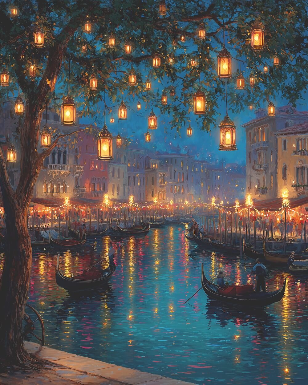 Venice canal night with hanging lanterns cross stitch kit for beginners