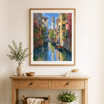 Finished venice canal view cross stitch artwork displayed as home decor