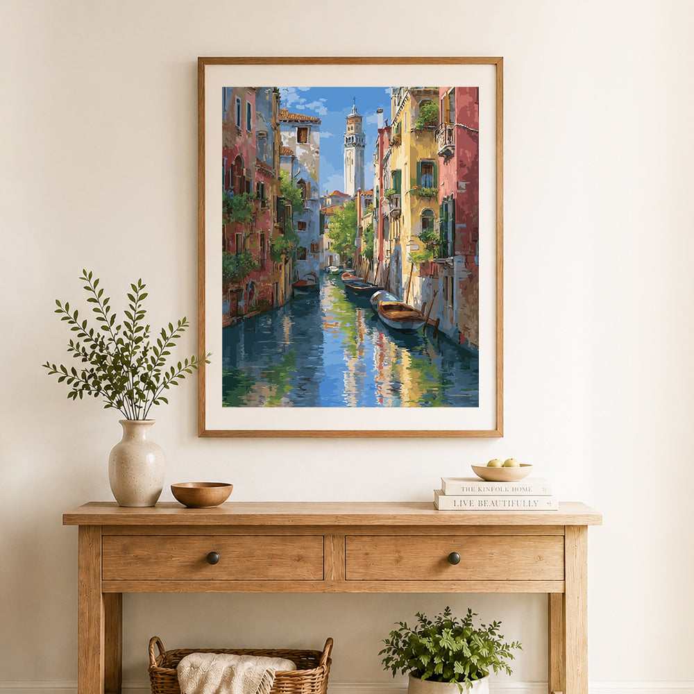 Finished venice canal view cross stitch artwork displayed as home decor