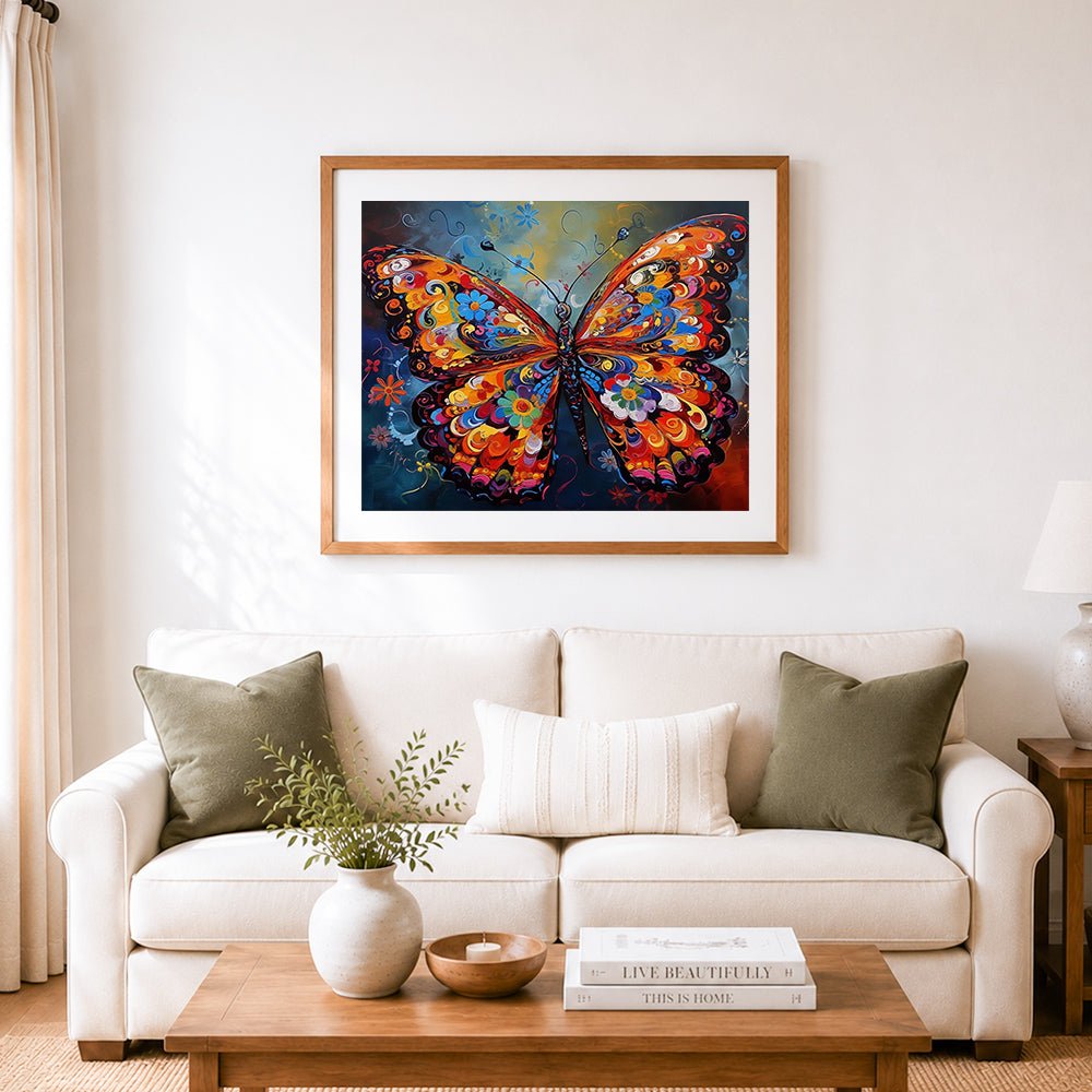Finished vibrant abstract butterfly with floral wings cross stitch artwork displayed as home decor