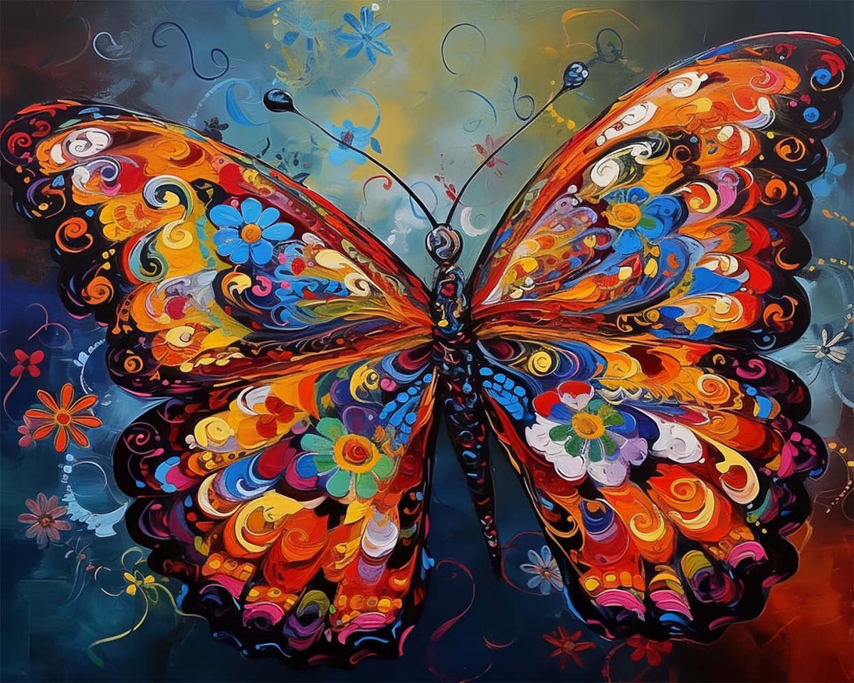 Vibrant abstract butterfly with floral wings cross stitch kit for beginners