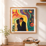 Finished vibrant abstract kiss couple cross stitch artwork displayed as home decor
