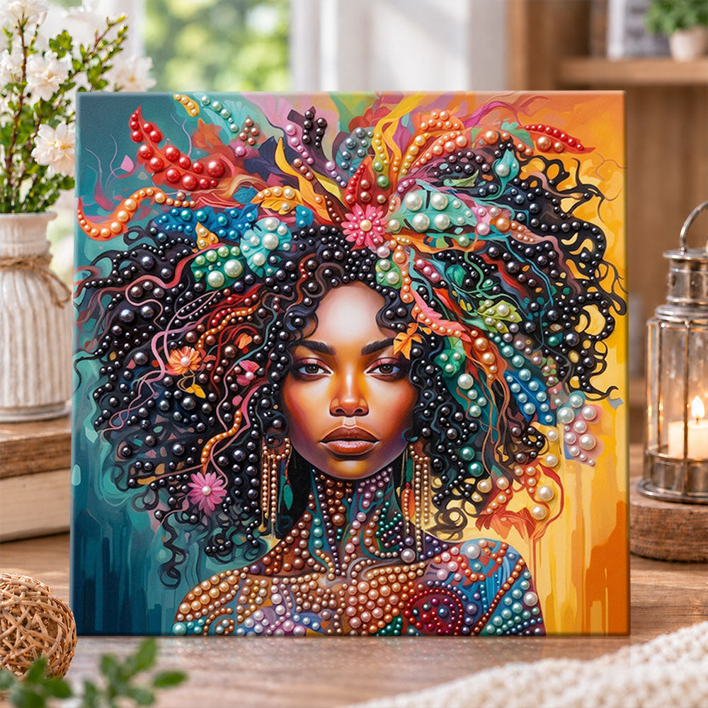 Vibrant afro woman with pearl adornments pearl diamond painting kit for beginners