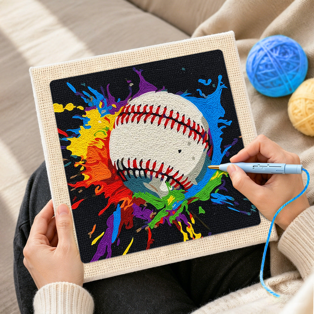 Creating handmade vibrant baseball splash art punch needle artwork