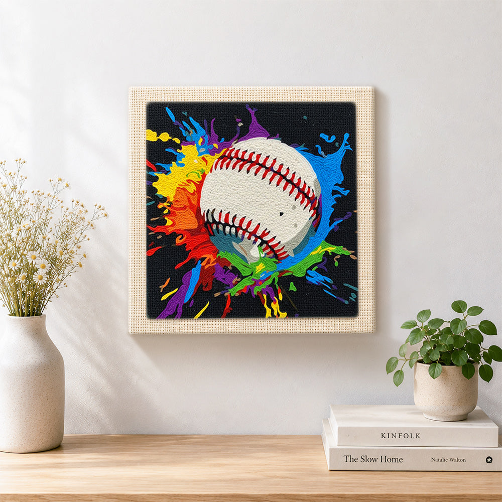 Finished vibrant baseball splash art artwork displayed on a wall