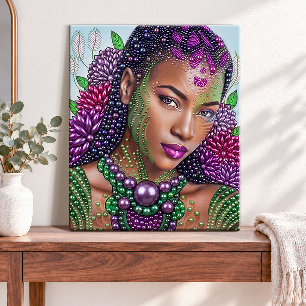 Finished vibrant beaded portrait pearl diamond painting artwork displayed as home decor
