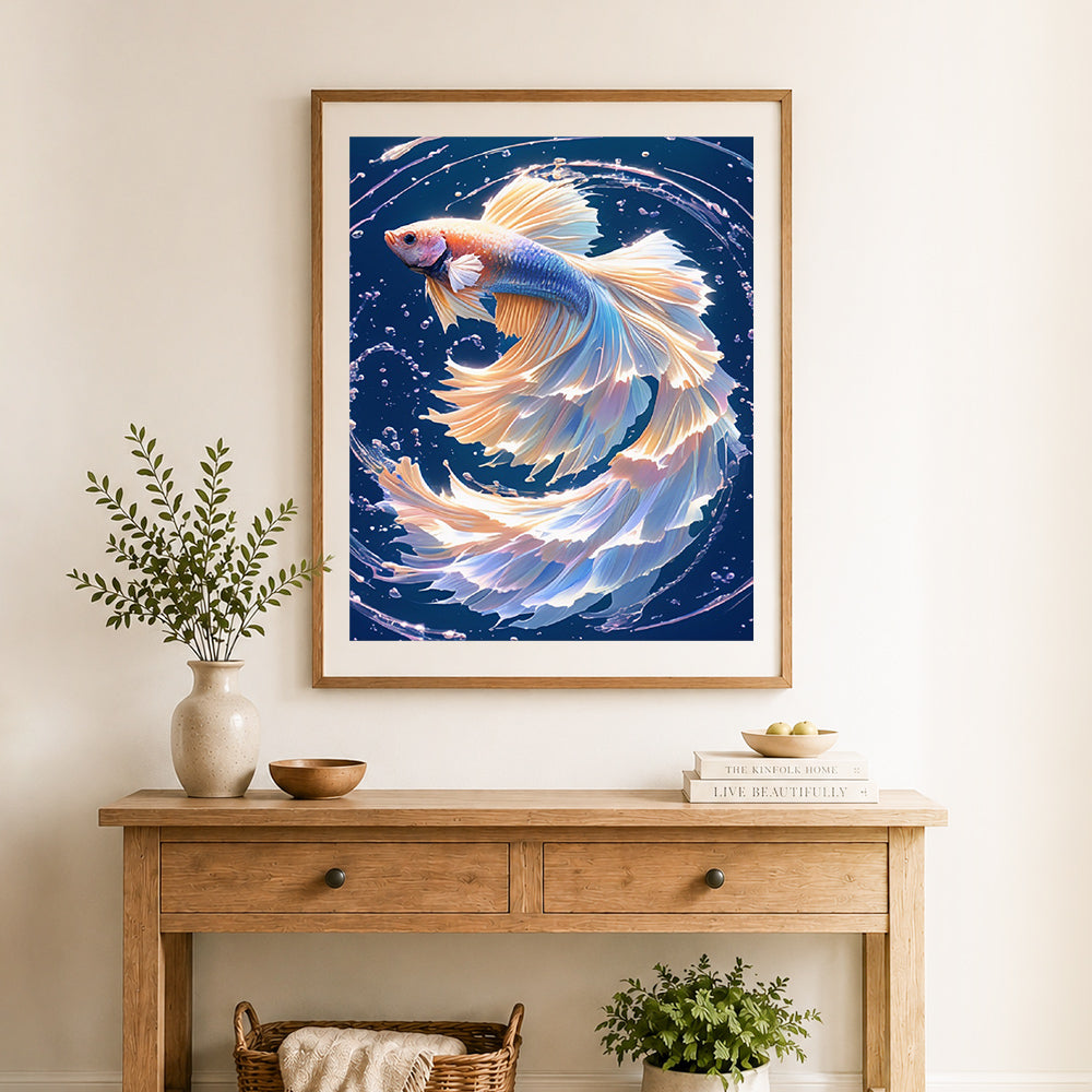 Finished vibrant betta fish art cross stitch artwork displayed as home decor