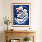 Finished vibrant betta fish art cross stitch artwork displayed as home decor