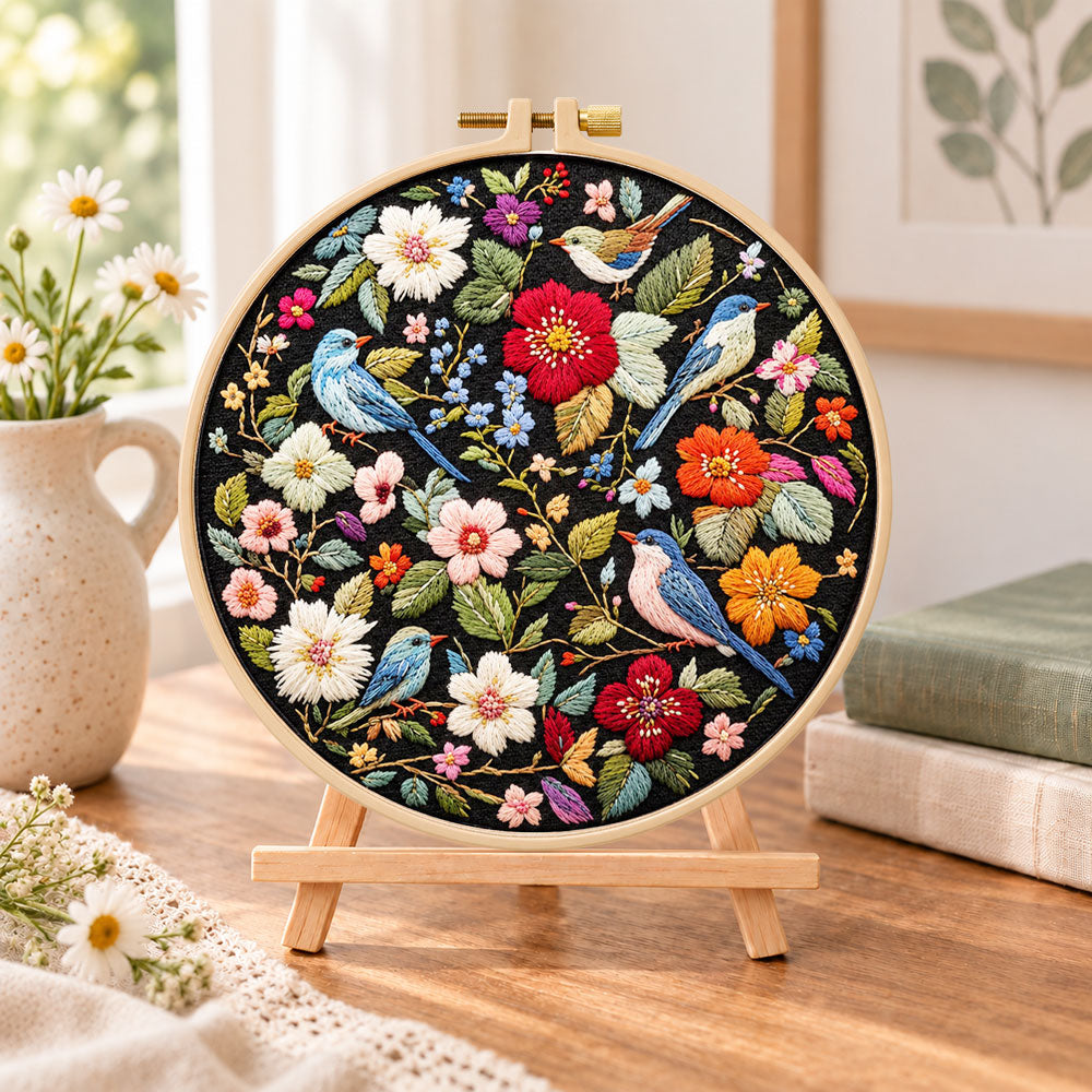 Vibrant bird floral scene embroidery kit finished hoop displayed on a wooden stand as cozy tabletop decor