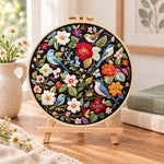 Vibrant bird floral scene embroidery kit finished hoop displayed on a wooden stand as cozy tabletop decor