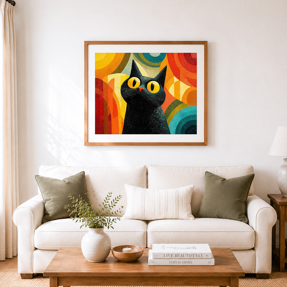 Finished vibrant black cat art cross stitch artwork displayed as home decor