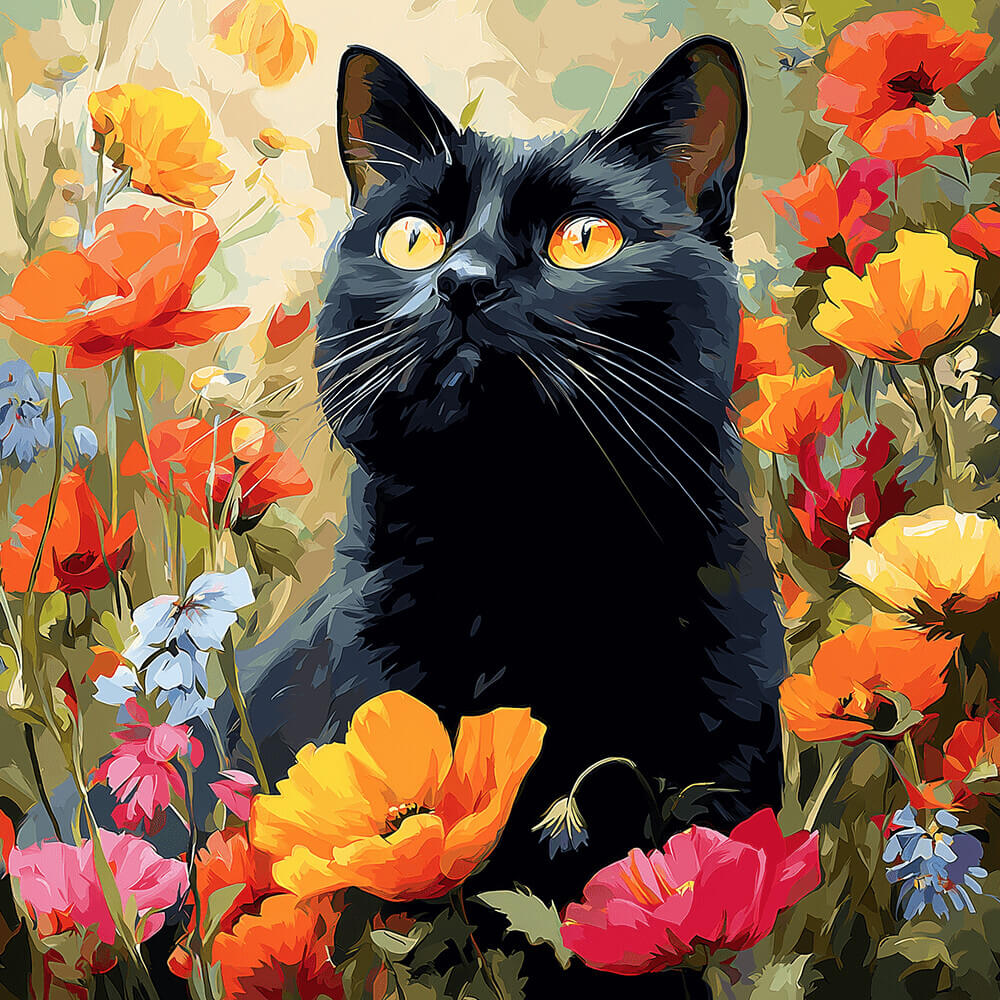 Vibrant black cat in floral garden cross stitch kit for beginners