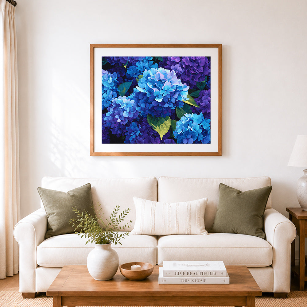 Finished vibrant blue hydrangea flowers cross stitch artwork displayed as home decor