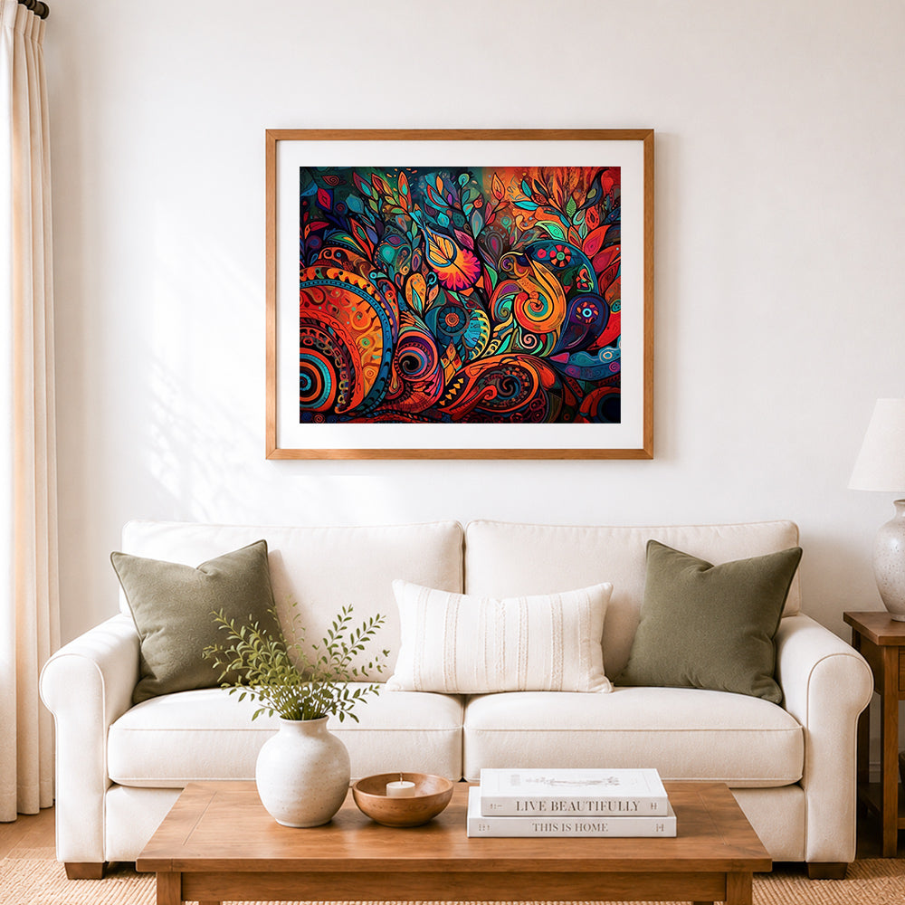Finished vibrant bohemian floral swirls cross stitch artwork displayed as home decor