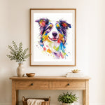 Finished vibrant border collie watercolor cross stitch artwork displayed as home decor