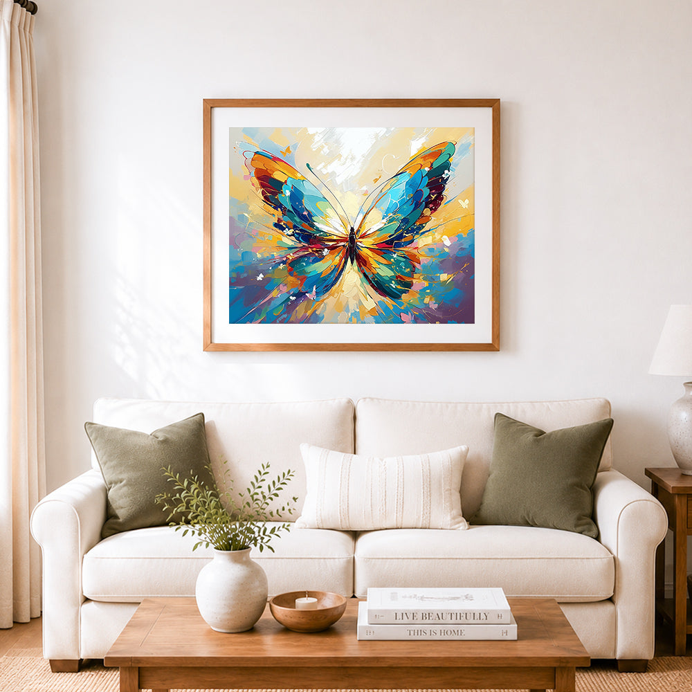 Finished vibrant brushstroke butterfly cross stitch artwork displayed as home decor