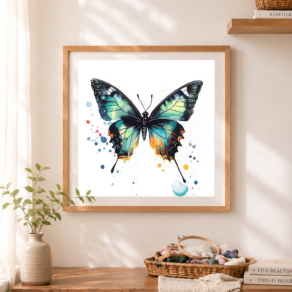 Finished cross vibrant butterfly print stitch artwork displayed as home decor