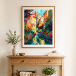 Finished vibrant canal city street cross stitch artwork displayed as home decor