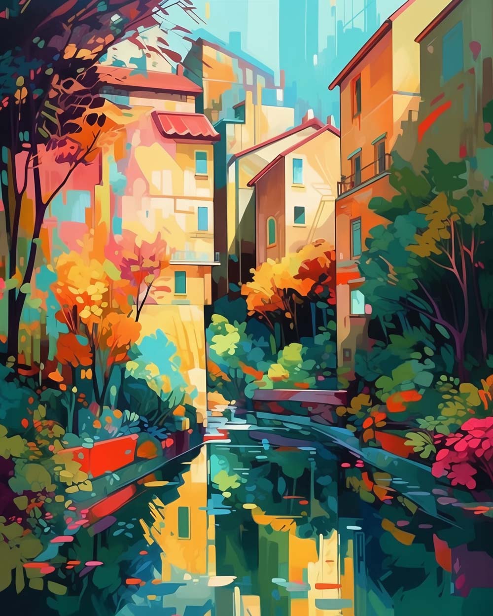Vibrant canal city street cross stitch kit for beginners