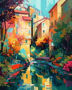 Vibrant canal city street cross stitch kit for beginners