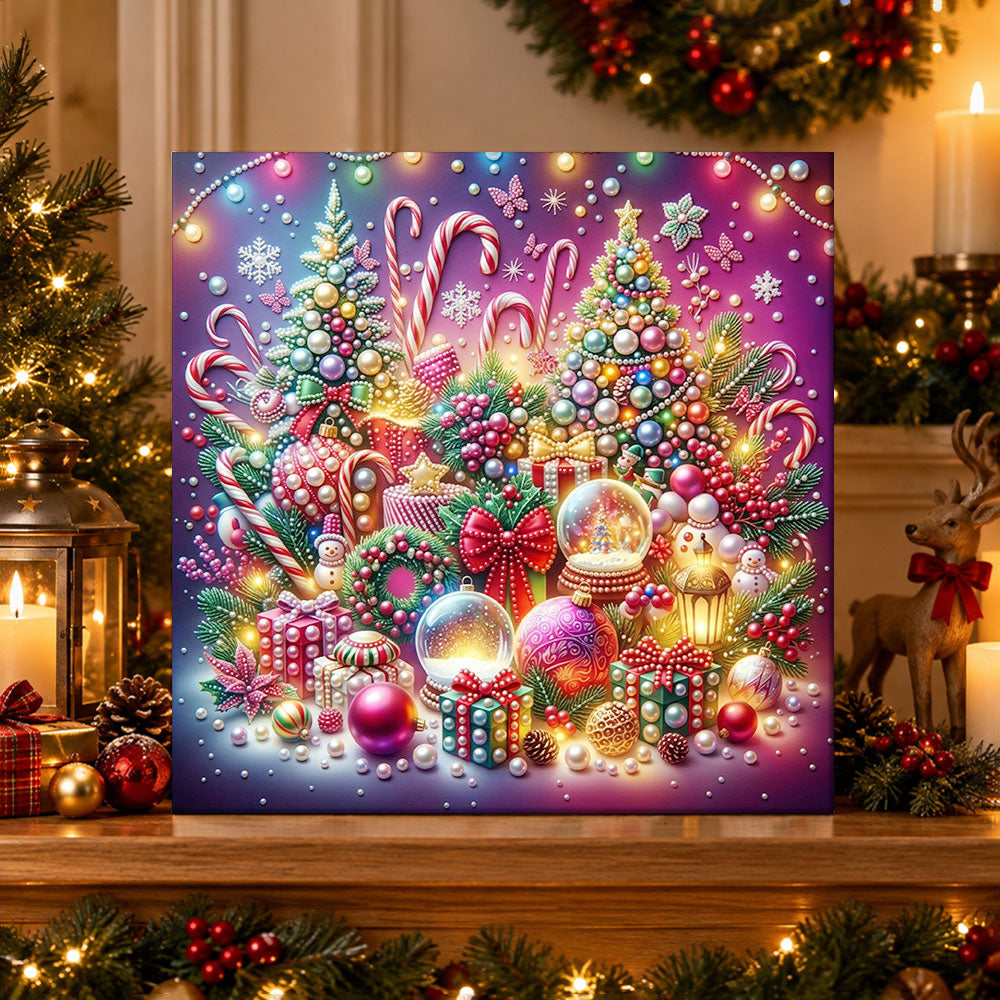 Finished vibrant christmas holiday decorations pearl diamond painting artwork displayed as holiday home decor