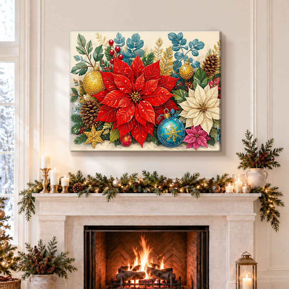 Finished vibrant christmas poinsettia pearl diamond painting artwork displayed as holiday home decor