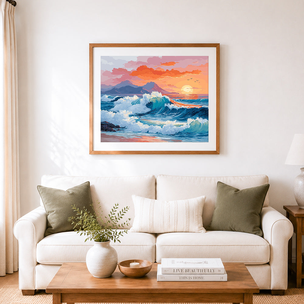 Finished vibrant coastal sunset cross stitch artwork displayed as home decor