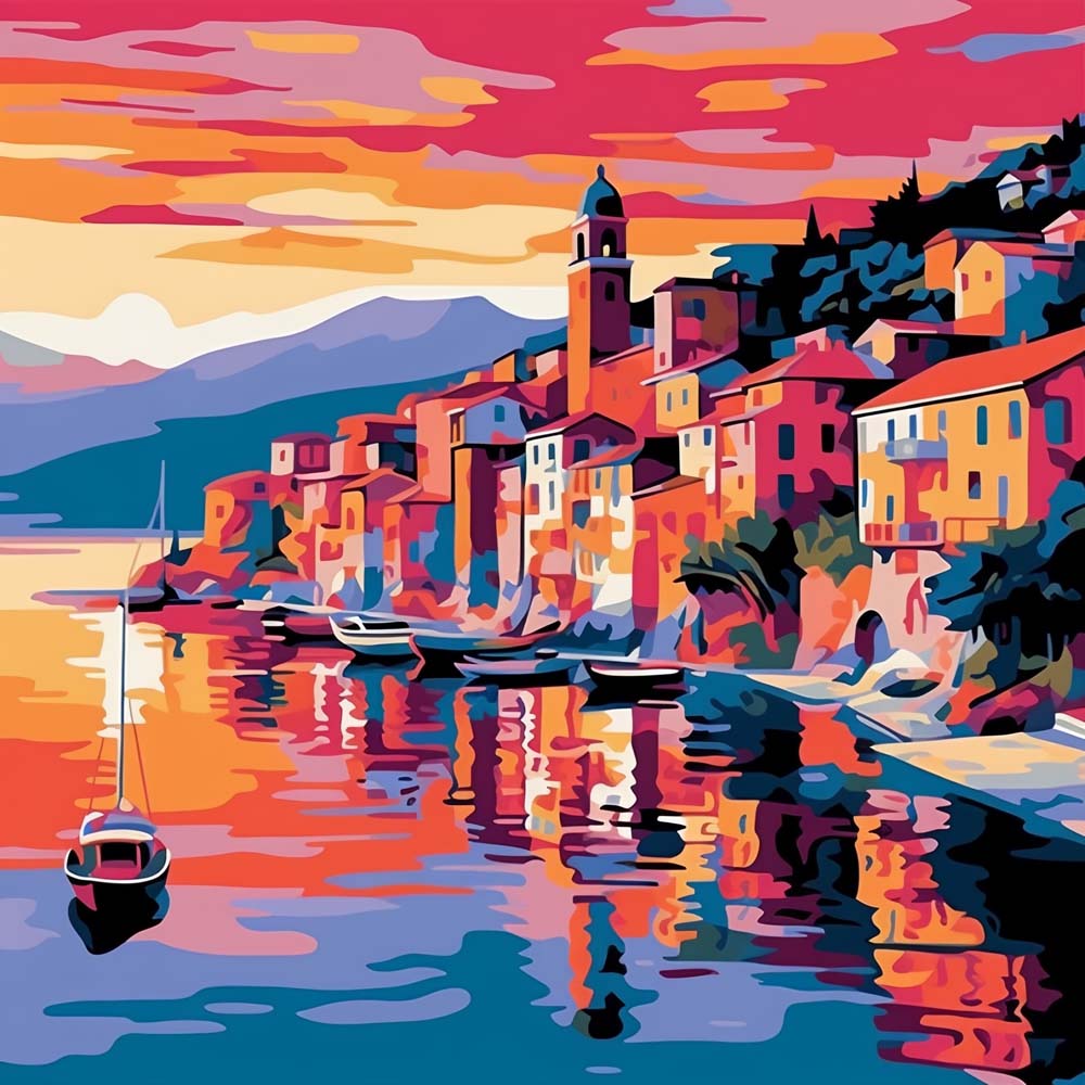 Vibrant coastal village cross stitch kit for beginners