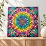 Finished vibrant color mandala art pearl diamond painting artwork displayed as holiday home decor