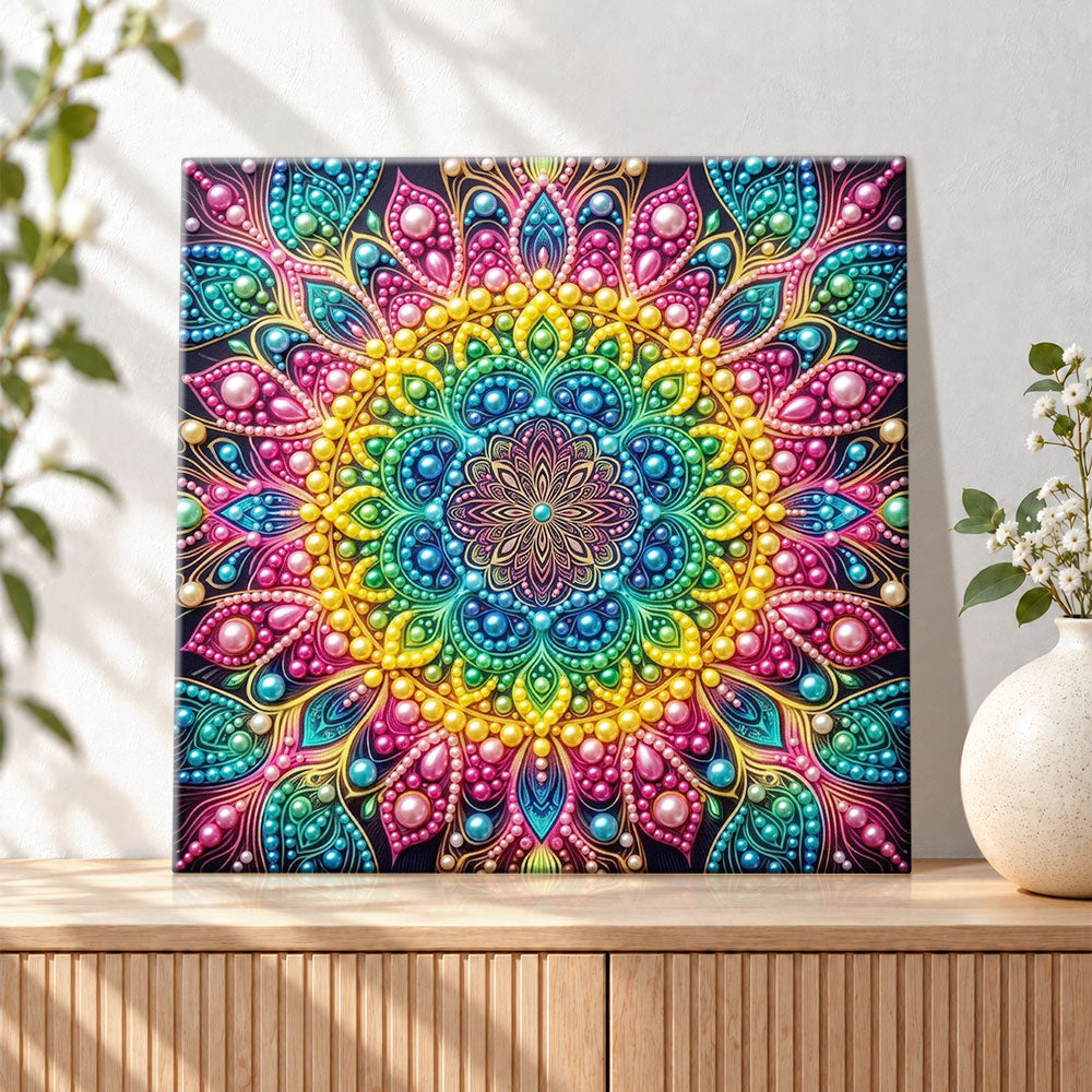 Finished vibrant color mandala art pearl diamond painting artwork displayed as holiday home decor