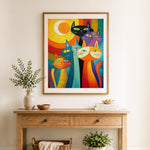 Finished vibrant colorful cats cross stitch artwork displayed as home decor