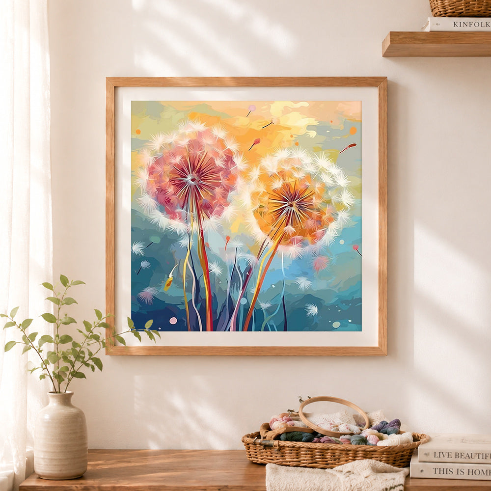 Finished vibrant colorful dandelion art cross stitch artwork displayed as home decor