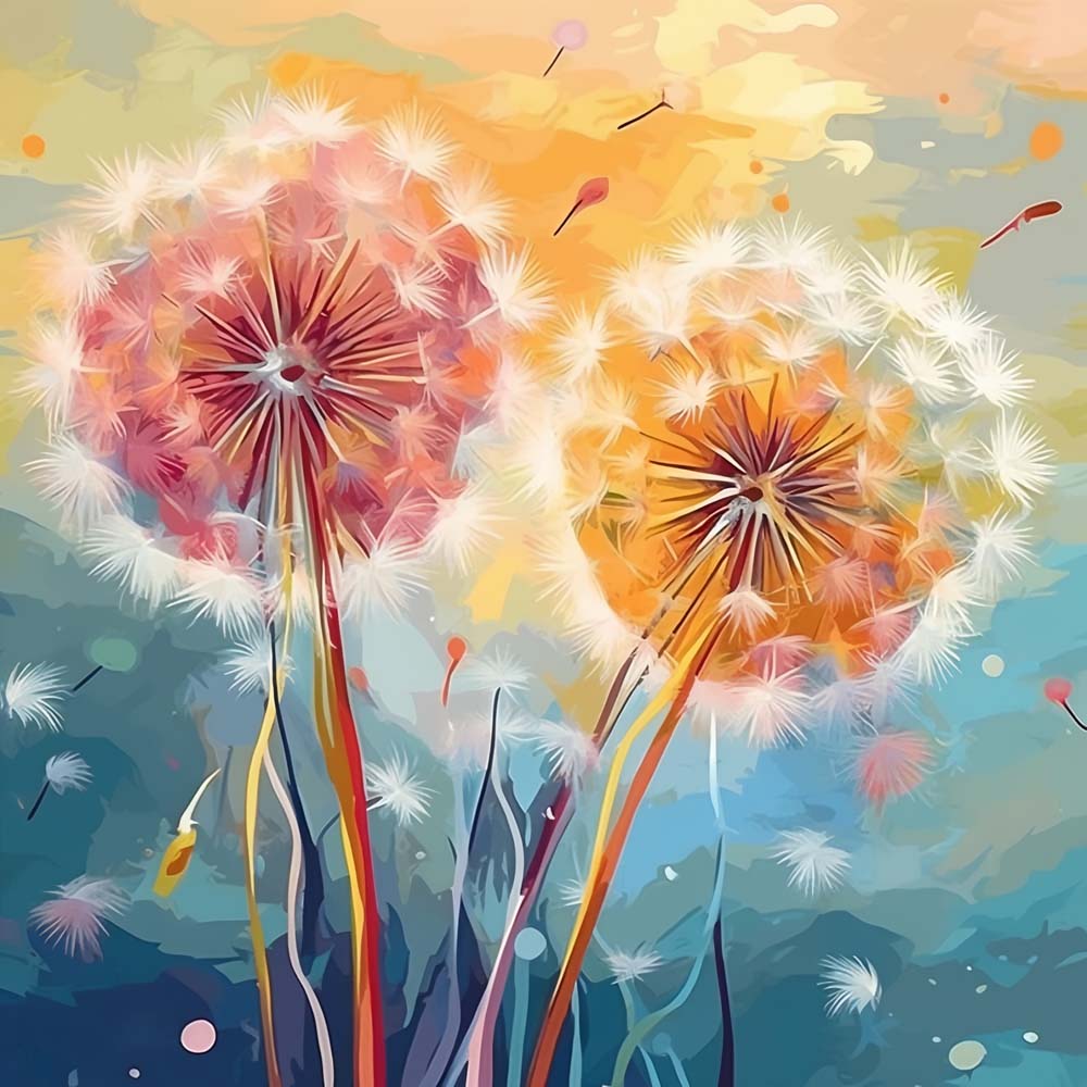 Vibrant colorful dandelion art cross stitch kit for beginners