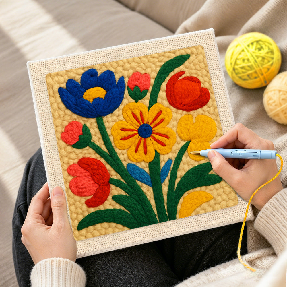 Creating handmade vibrant colorful florals punch needle artwork